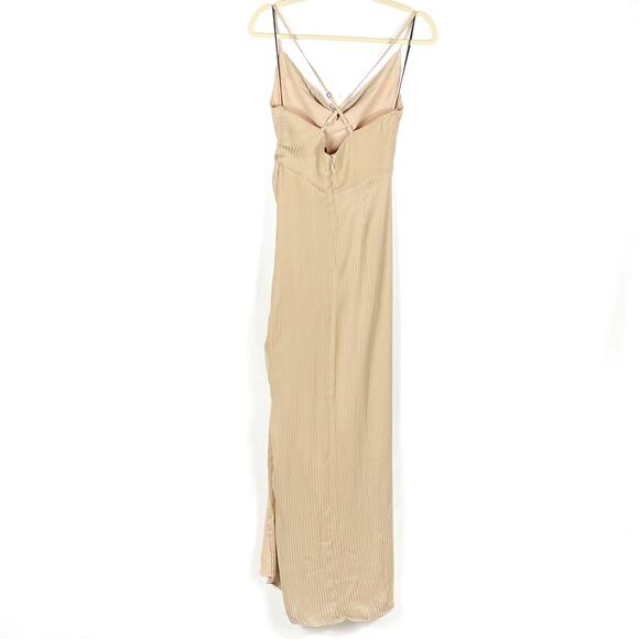 NBD Davis Gown Nude Beige Maxi Dress Ruched Side Slit Stripe Drape Sz S - Picture 11 of 12
